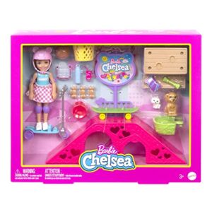 Barbie Chelsea Doll & Skate Park Playset With 2 Puppies, Skate Ramp, Scooter & 15+ Accessories, Brunette Small Doll With Blue Eyes