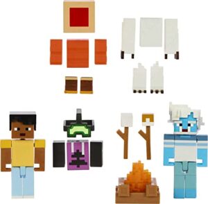 mattel minecraft game, creator series action figures and accessories, camp enderwood steve and mob figures, collectible gift for kids