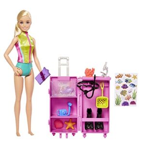 barbie marine biologist doll & 10+ accessories, mobile lab playset with blonde doll, case opens for storage & travel