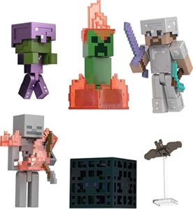 mattel minecraft toys | story pack with 4 action figures and accessories | cave conflict with steve and skeleton | collectible gift for kids (amazon exclusive)