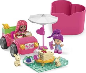 mega barbie color reveal building toy car playset, convertible road trip with 66 pieces, 10 surprises, accessories, kids age 4+ years