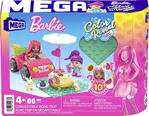 MEGA Barbie Color Reveal Building Toy Car Playset, Convertible Road Trip With 66 Pieces, 10 Surprises, Accessories, Kids Age 4+ Years