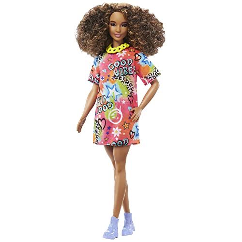 Barbie Fashionistas Doll #201 with Athletic Body, Curly Brunette Hair, Graffiti-Print Dress & Accessories