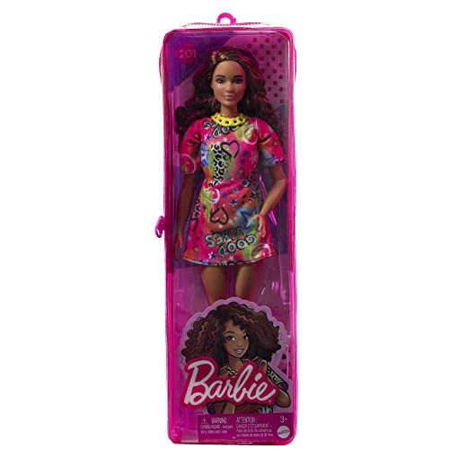 Barbie Fashionistas Doll #201 with Athletic Body, Curly Brunette Hair, Graffiti-Print Dress & Accessories