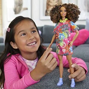 Barbie Fashionistas Doll #201 with Athletic Body, Curly Brunette Hair, Graffiti-Print Dress & Accessories