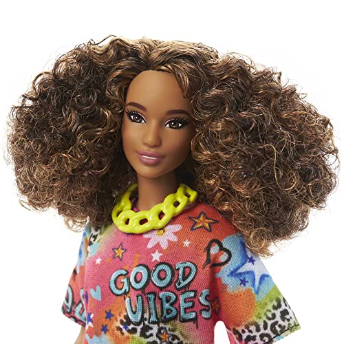 Barbie Fashionistas Doll #201 with Athletic Body, Curly Brunette Hair, Graffiti-Print Dress & Accessories