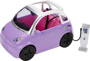barbie toy car "electric vehicle" with charging station, plug and sunroof, purple 2-seater transforms into convertible (amazon exclusive)