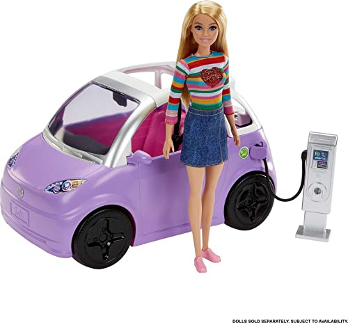 Barbie Toy Car "Electric Vehicle" with Charging Station, Plug and Sunroof, Purple 2-Seater Transforms Into Convertible (Amazon Exclusive)