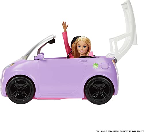 Barbie Toy Car "Electric Vehicle" with Charging Station, Plug and Sunroof, Purple 2-Seater Transforms Into Convertible (Amazon Exclusive)