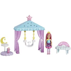 barbie dreamtopia chelsea doll and playset, small doll with cloud-themed gazebo swing, kitten and accessories