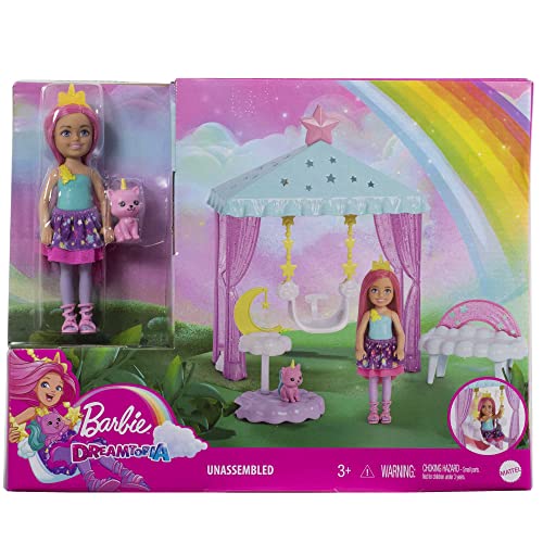 Barbie Dreamtopia Chelsea Doll and Playset, Small Doll with Cloud-Themed Gazebo Swing, Kitten and Accessories