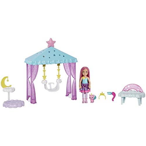 Barbie Dreamtopia Chelsea Doll and Playset, Small Doll with Cloud-Themed Gazebo Swing, Kitten and Accessories