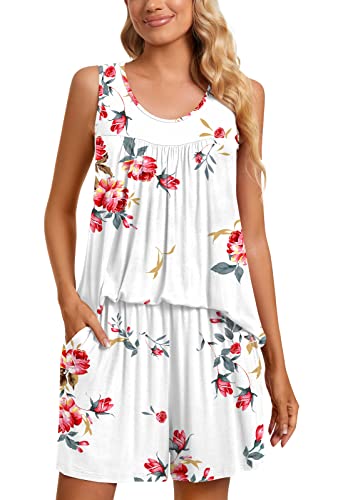 TAOHUADAO Womens Summer 2 Piece Pajama Sets, Sleeveless Pleated Tunic Tops with Comfy Shorts, Lounge Sleepwear Ladies Pjs Sets with Pockets XL, Floral White