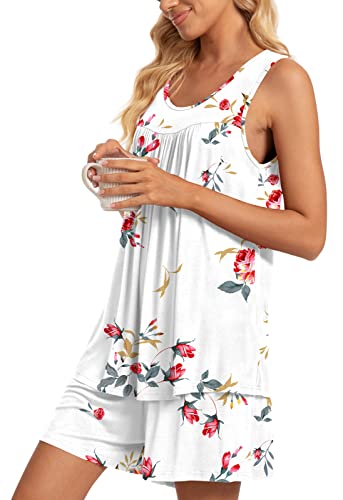 TAOHUADAO Womens Summer 2 Piece Pajama Sets, Sleeveless Pleated Tunic Tops with Comfy Shorts, Lounge Sleepwear Ladies Pjs Sets with Pockets XL, Floral White