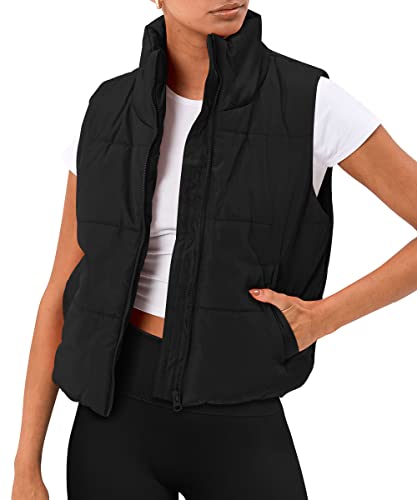 AUTOMET Puffer Vest Women Sleeveless Winter Cropped Outerwear Warm Puffer Lightweight Stand-up Collar Down with Pockets