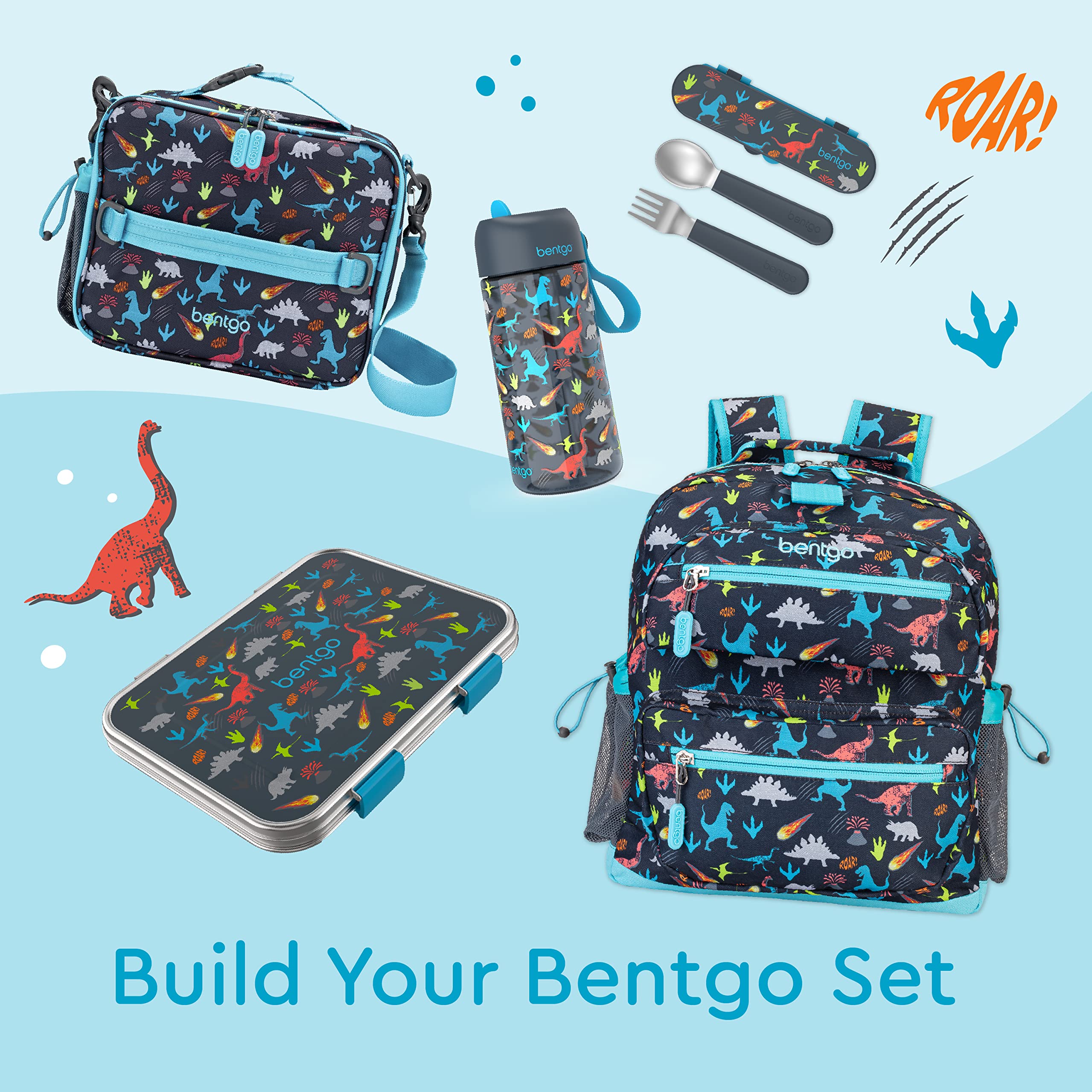 Bentgo® Kids Stainless Steel Prints Leak-Resistant Lunch Box - New Improved 2022 Bento-Style with Updated Latches, 3 Compartments & Bonus Container - Eco-Friendly, Dishwasher Safe, BPA-Free (Dinosaur)