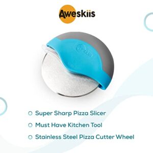 Aweskiis Pizza Cutters I Super Sharp Pizza Slicer I Must Have Kitchenaid Tool I Stainless Steel & Plastic Pizza Cutter Wheel I Pizza wheel cutter with cover I Reusable And Handy & Easy Storage I Blue