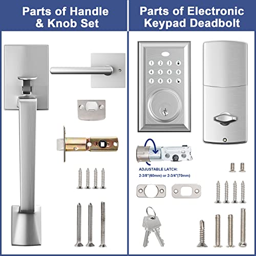 KIAYACI Front Door Lock Set Door Handle Sets Brushed Nickel Door Handle Entry Door Locksets with Rectangle Keypad Deadbolt Single Smart Locks for Front Door Keyless Entry Door Lock Silver