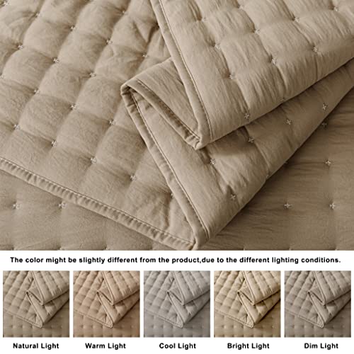 WDCOZY Beige Queen Size Quilt Bedding Sets with Pillow Shams, Cream Tan Lightweight Soft Bedspread Coverlet, Quilted Blanket Thin Comforter Bed Cover, All Season Summer Spring, 3 Pieces, 90x90 inches