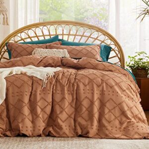 bedsure boho duvet cover queen - boho bedding, tufted queen duvet cover for all seasons, 3 pieces embroidery shabby chic home bedding duvet cover set (pumpkin, queen, 90x90)