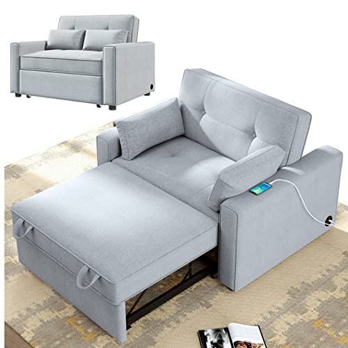 Full Sleeper Sofa,Grey Pull Out Couch Bed Sleeper Sofa with Pillow,Convertible Loveseat Sleeper Sofa Bed for Small Space with Adjustable Backrest,USB Port, 48''