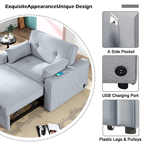 Full Sleeper Sofa,Grey Pull Out Couch Bed Sleeper Sofa with Pillow,Convertible Loveseat Sleeper Sofa Bed for Small Space with Adjustable Backrest,USB Port, 48''