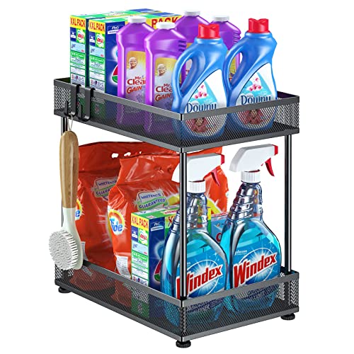 Bathroom ,Kitchen Sink Cabinet Organizer, 2 Tier Under Sink , Under Cabinet Organizers and Storage with 4 Hooks,Non-slip Feet, Metal