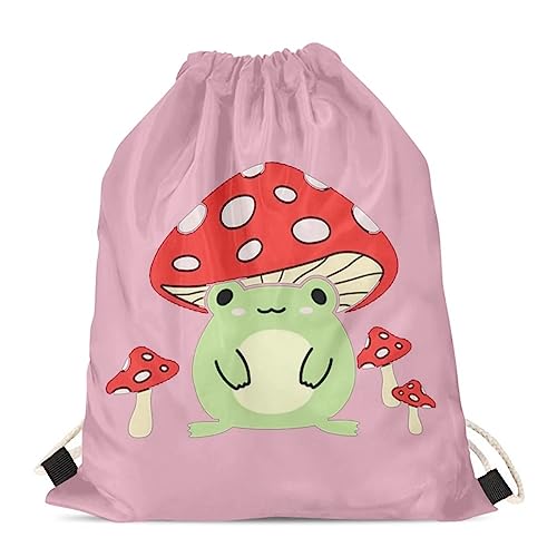 WELLFLYHOM Mushroom Frog Girls Cinch Bag Drawstring Backpack Purse for Kids Gym Sport String Sack Beach Swim Bag Cute Stuff Sack Travel Shoulder Handbag for Women Teens Gifts