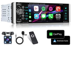 car radio single din with apple carplay android auto, 5.1 inch ips touch screen car stereo support bluetooth fm mirror link swc voice assistant aux-in usb tf card port with backup camera