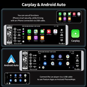 Car Radio Single Din with Apple Carplay Android Auto, 5.1 Inch IPS Touch Screen Car Stereo Support Bluetooth FM Mirror Link SWC Voice Assistant AUX-in USB TF Card Port with Backup Camera