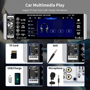 Car Radio Single Din with Apple Carplay Android Auto, 5.1 Inch IPS Touch Screen Car Stereo Support Bluetooth FM Mirror Link SWC Voice Assistant AUX-in USB TF Card Port with Backup Camera