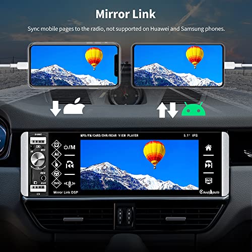 Car Radio Single Din with Apple Carplay Android Auto, 5.1 Inch IPS Touch Screen Car Stereo Support Bluetooth FM Mirror Link SWC Voice Assistant AUX-in USB TF Card Port with Backup Camera