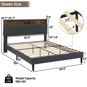 Tiptiper LED Lights Headboard, Platform Bed Frame Queen Size with Outlets and USB Ports, Upholstered Bed with Storage, No Box Spring Needed, Dark Grey