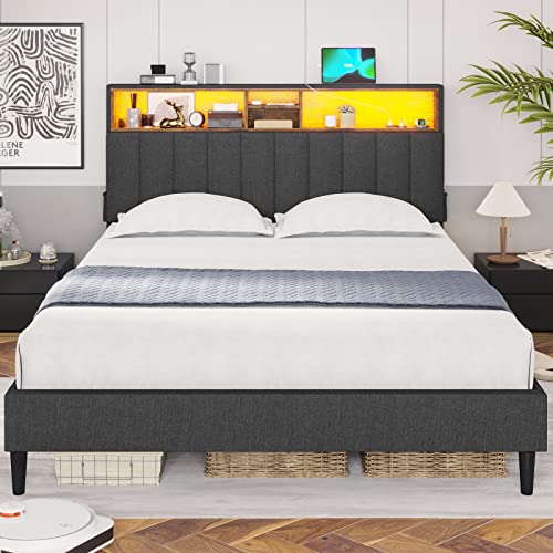 Tiptiper LED Lights Headboard, Platform Bed Frame Queen Size with Outlets and USB Ports, Upholstered Bed with Storage, No Box Spring Needed, Dark Grey