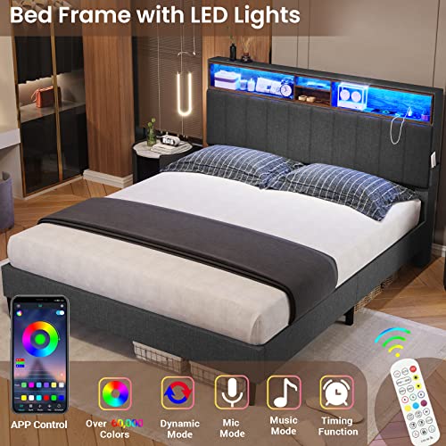 Tiptiper LED Lights Headboard, Platform Bed Frame Queen Size with Outlets and USB Ports, Upholstered Bed with Storage, No Box Spring Needed, Dark Grey