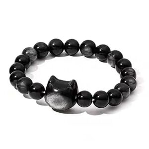 owmell natural black obsidian bracelet, cat beaded bracelets for women men, stretch bracelet 8mm - silver