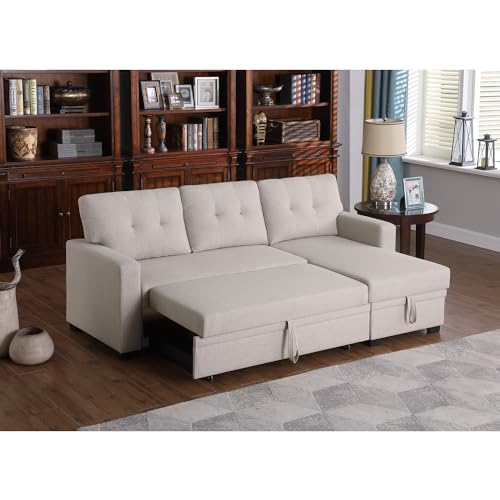 Devion Furniture Contemporary Reversible Sectional Sleeper Sectional Sofa with Storage Chaise in Beige Fabric