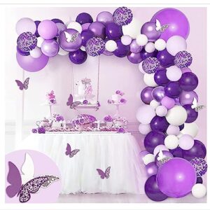 purple balloons garland arch kit for butterfly baby shower decorations for girl,8 pcs butterfly stickers lavender purple confetti metallic balloon for birthday wedding party decoration