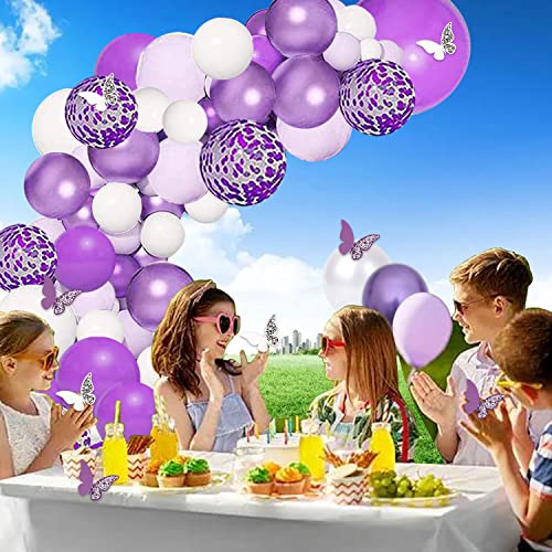 Purple Balloons Garland Arch Kit for Butterfly Baby Shower Decorations for Girl,8 Pcs Butterfly Stickers Lavender Purple Confetti Metallic Balloon for Birthday Wedding Party Decoration