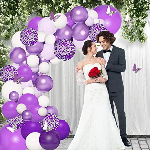 Purple Balloons Garland Arch Kit for Butterfly Baby Shower Decorations for Girl,8 Pcs Butterfly Stickers Lavender Purple Confetti Metallic Balloon for Birthday Wedding Party Decoration