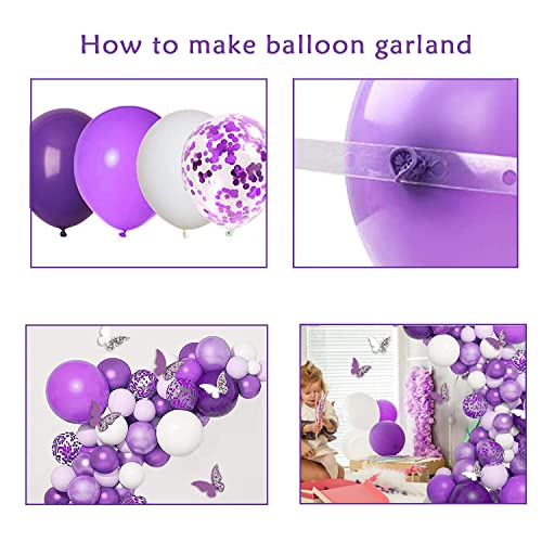 Purple Balloons Garland Arch Kit for Butterfly Baby Shower Decorations for Girl,8 Pcs Butterfly Stickers Lavender Purple Confetti Metallic Balloon for Birthday Wedding Party Decoration