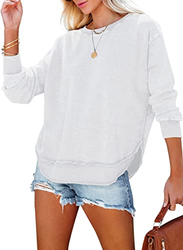 EVALESS White Sweatshirt for Women Long Sleeve Side Split Irregular Curved Hem Tops Comfort Colors Crewneck Cotton Sweatshirts Womens Fall Fashion 2023 Teacher Outfits Casual Loose Pullover Medium