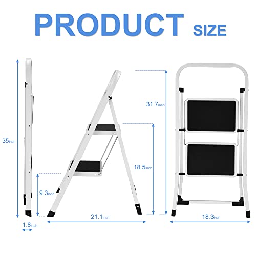 2 Step Ladder, Lightweight Folding Step Stools for Adults with Anti-Slip Pedal, Portable Sturdy Steel Ladder with Handrails, Perfect for Kitchen & Household, 330 lbs Capacity, White