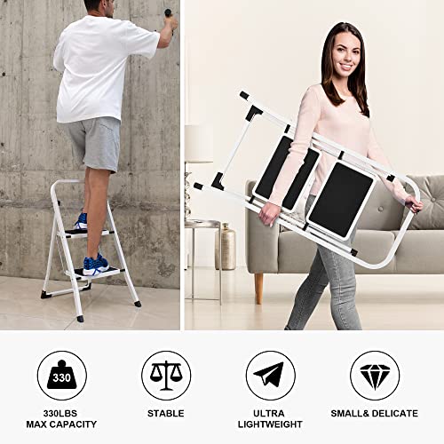 2 Step Ladder, Lightweight Folding Step Stools for Adults with Anti-Slip Pedal, Portable Sturdy Steel Ladder with Handrails, Perfect for Kitchen & Household, 330 lbs Capacity, White