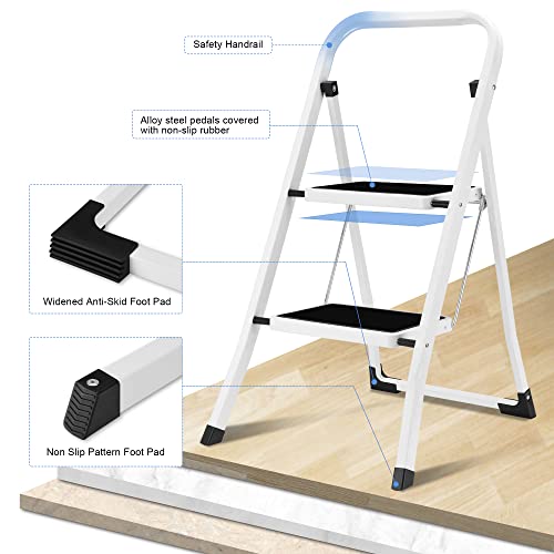 2 Step Ladder, Lightweight Folding Step Stools for Adults with Anti-Slip Pedal, Portable Sturdy Steel Ladder with Handrails, Perfect for Kitchen & Household, 330 lbs Capacity, White