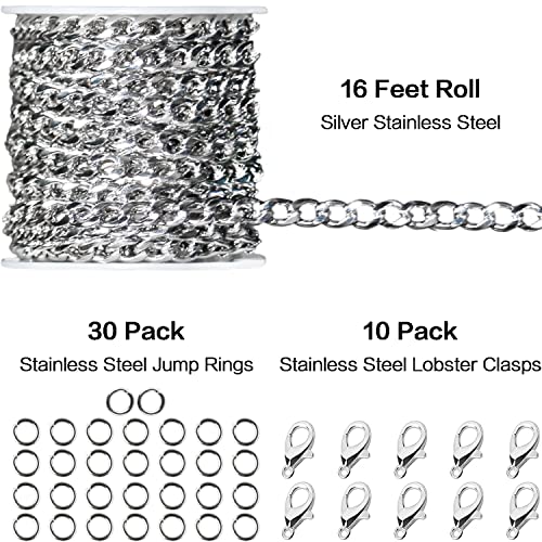 Jishi 16ft Cuban Link Chain Roll 6mm Silver Stainless Steel Necklace Chains for Jewelry Making, DIY Necklace Bracelet Crafts Supplies Findings, Metal Cuban Link Chain w/Lobster Clasps, Jump Rings