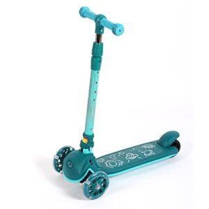 kick scooter for kids, wheel with brake, adjustable height handlebar, foldable, lightweight, aged 3-10, wide standing board, and up to 110lbs, green