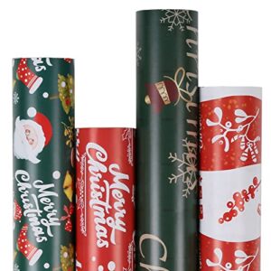 aimyoo red and green christmas gift wrapping paper bundle 4 rolls 17 in x 16 ft per roll, merry christmas santa claus bells deer candy canes design
