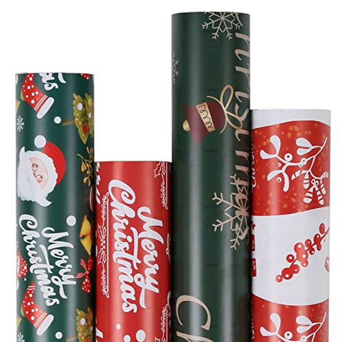 Aimyoo Red and Green Christmas Gift Wrapping Paper Bundle 4 Rolls 17 in x 16 ft per Roll, Merry Christmas Santa Claus Bells Deer Candy Canes Design