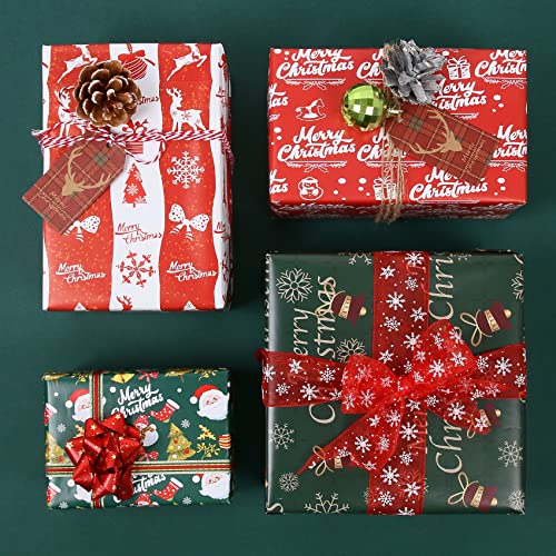 Aimyoo Red and Green Christmas Gift Wrapping Paper Bundle 4 Rolls 17 in x 16 ft per Roll, Merry Christmas Santa Claus Bells Deer Candy Canes Design